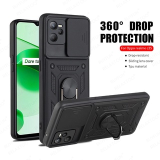 For Oppo Realme C35 Case Push Camera Protect Armor Coque RealmeC35 Realmi C 35 RMX3511 6.6" Car Magnetic Holder Stand Hard Cover