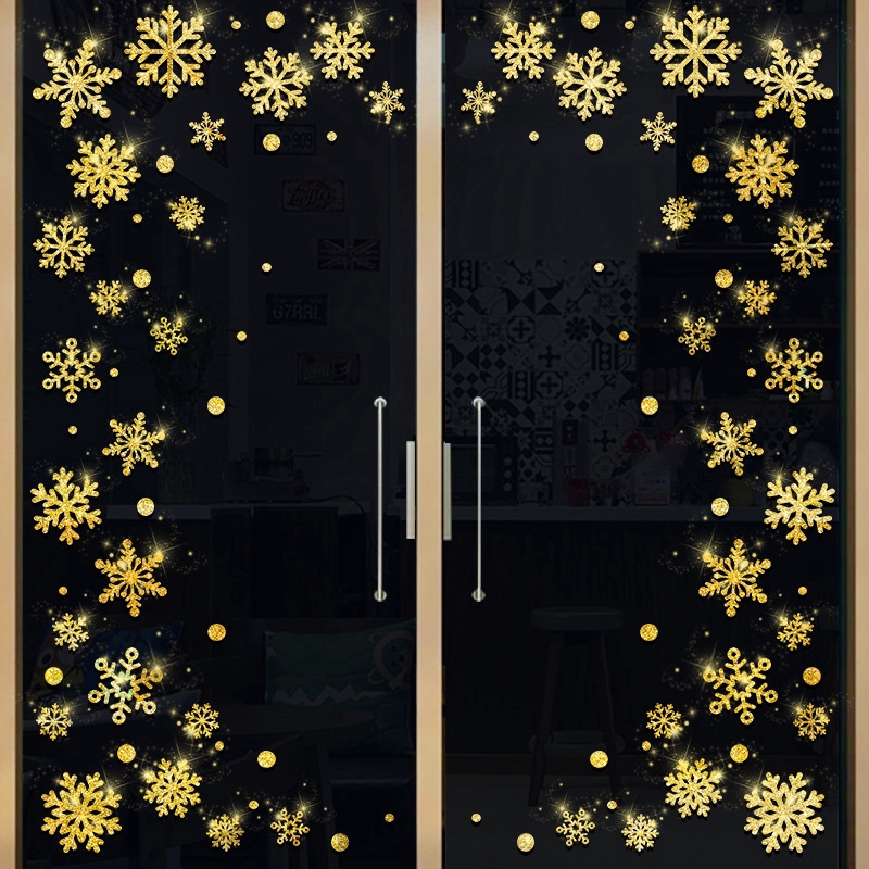 zooyoo-สติ๊กเกอร์ติดผนัง-วอลล์เปเปอร์คริสต์มาสสติกเกอร์ประตูคริสมาสต์การตกแต่งเกล็ดหิมะทองแก้วฝุ่น