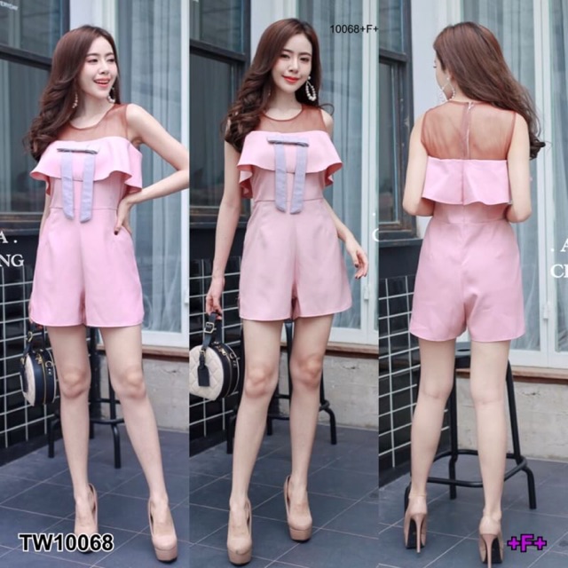 จั๊มสูทขาสั้นแต่งระบายช่วงอก-tw10068
