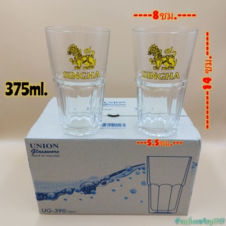 (กล่อง6ใบ)แก้วเบียร์  แก้วใสพิมพ์ลายสิงห์  UNION UG-390