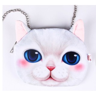 กระเป๋าผ้าสายโซ่หน้าแมวสีขาวตาฟ้า 3 มิติ 3D ลายเหมือนจริง