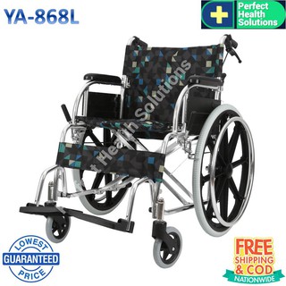 สินค้า รถเข็นผู้ป่วย Wheelchair วีลแชร์ อลูมิเนียมอัลลอย พับได้ มีเบรค น้ำหนักเบา ล้อหลัง 22 นิ้ว รุ่น YA868L สีสก็อตฟ้าเขียวดำ