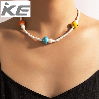 Rice Bead Necklace Womens Cute Mushroom Pendant Colorful Rice Bead Woven Pendant Jewelry for