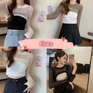 Elves✨พร้อมส่ง✨ เสื้อถักไหมพรมคอกลมแขนยาวทรงครอปสั้นเท่ๆ ~78040~