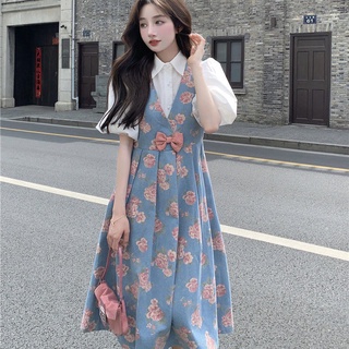 💥เตรียมจัดส่ง💫💥2022 new preppy fashion suit womens high waist slim floral dress top two-piece อินเทรนด์