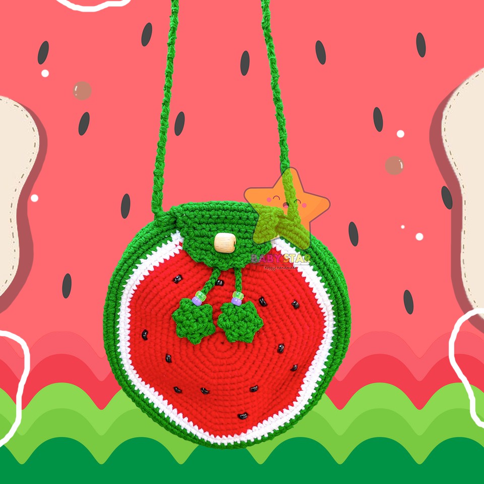 bbs-handmade100-กระเป๋าไหมพรม-กระเป๋าเชือกถัก-โครเชต์ไหมพรม-แตงโม-watermelon-น่ารักๆ