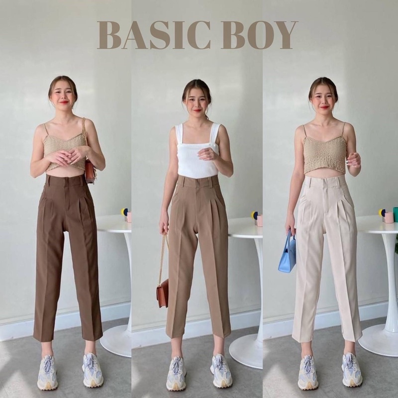 พร้อมส่ง-กางเกงทรงบอย8ส่วน-ผ้าเปเป้a80ยืดหยุ่นกำลังดี-กางเกงทำงานเอวสูงพรางหุ่นใส่สบาย-ใส่ได้ทุกโอกาส