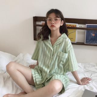 เสื้อกางเกงนอน ชุดนอนลายลำลองชุดวอร์มหญิงฤดูร้อนปี 2020 ใหม่เกาหลีเสื้อสูทคอปกกางเกงขาสั้นสองชิ้น