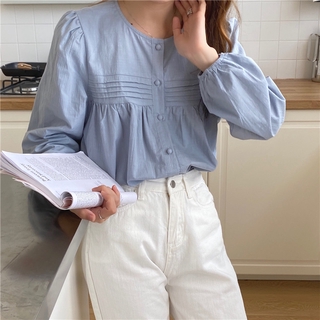 37010 เสื้อเบลาส์ คอกลม แขนพัฟ สีพื้น เรียบง่าย สําหรับผู้หญิง