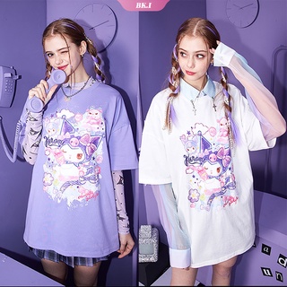 เสื้อยืดแขนสั้น ผ้าคอตตอนเนื้อนุ่ม ทรงหลวม สีดำน่ารัก ลายอนิเมะสวยๆ แฟชั่นรับซัมเมอร์