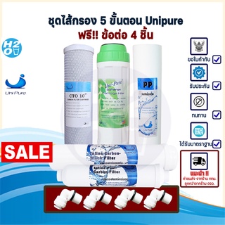 Unipure ชุดไส้กรองน้ำดื่ม ไส้กรองน้ำ Uni pure 5 ขั้นตอน (5 ชิ้น) ไส้กรอง ยูนิเพียว Unipure ทั้งเซ็ท ฟรีข้อต่อ 4 ชิ้น