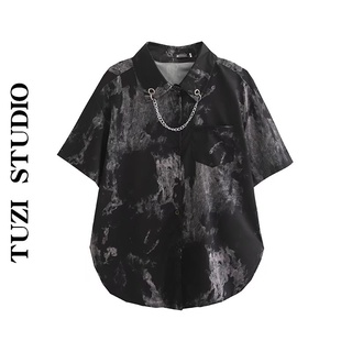 [พร้อมส่ง] เสื้อเชิ้ตแขนสั้น ทรงหลวม สีดํา สไตล์เรโทร สําหรับผู้ชาย และผู้หญิง