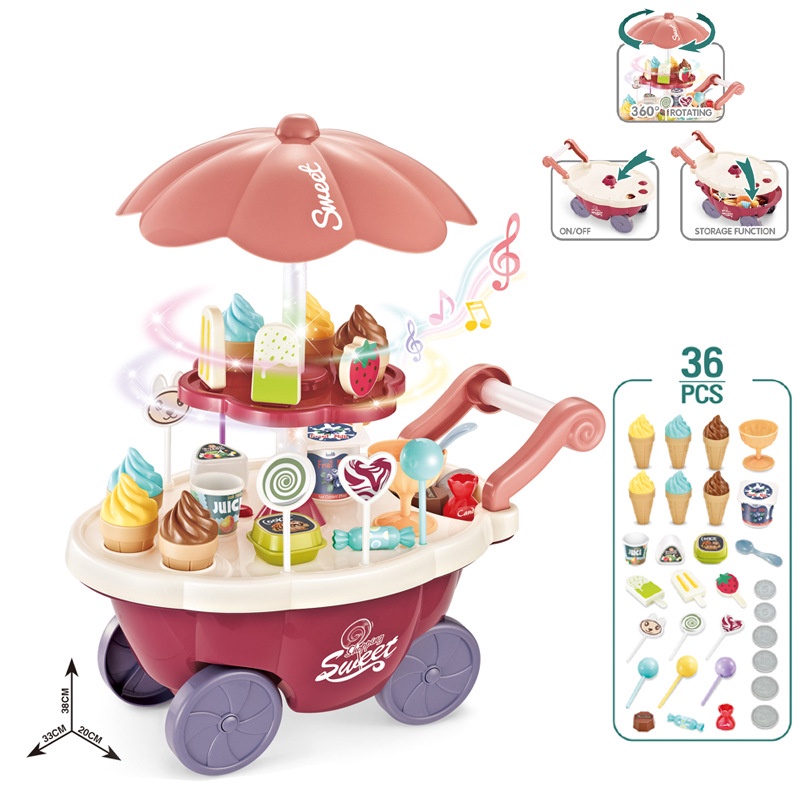 ร้านขายไอศกรีม-ร้านขายลูกอบ-รถแขนขายของหวานจำลอง-light-rotating-candy-trolley-girl-playset