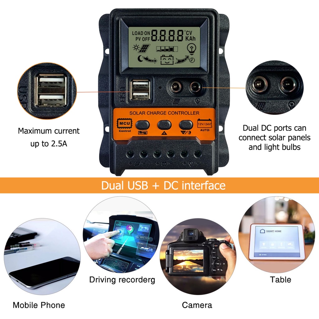 โซลาร์ชาร์จเจอร์-12-24v-10a-20a-30a-ควบคุมการชาร์จ-โซล่าร์ชาร์จเจอร์-pwm-หน้าจอ-lcd-ชาร์จมือถือพกพา-solar-charger-ctb
