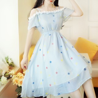 ‼️SALE‼️พร้อมส่ง ALYABOOMTY Blue Shoulder Off Star Print Dress