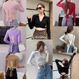 สินค้า cicishop(1828)เสื้อครอปไหมพรมคอปกแขนยาว คอวีลึก ดีเทลเว้าผูกหลัง