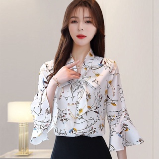 ▣✐เสื้อชีฟองผู้หญิง 2021 ฤดูร้อนใหม่เสื้อผ้าผู้หญิงขนาดบวกแขนทรัมเป็ต super นางฟ้าบางพิมพ์ bottoming เสื้อ