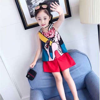 [Top+Shorts] ใหม่ ชุดเสื้อแขนสั้น กางเกงขาสั้น ระบายอากาศ สองชิ้น แฟชั่นฤดูร้อน สําหรับเด็กผู้หญิง 2021