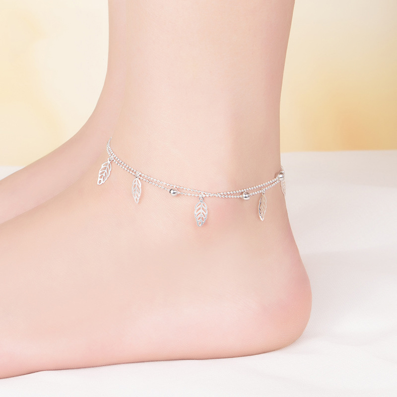 ภาพหน้าปกสินค้าสร้อยข้อเท้า Fashion Women Leaves Tassel Anklet Double Layers Bead Chain Beach Foot Jewelry Party Gift