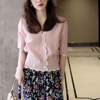 ภาพหน้าปกสินค้าWomen\'s elegant ice silk knit with medium sleeve V-neck ที่เกี่ยวข้อง