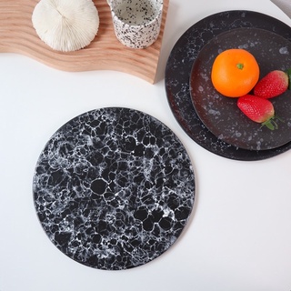 จานเซรามิคลายหินอ่อนสีดำสไตล์เกาหลี จานสเต็ก marble plate