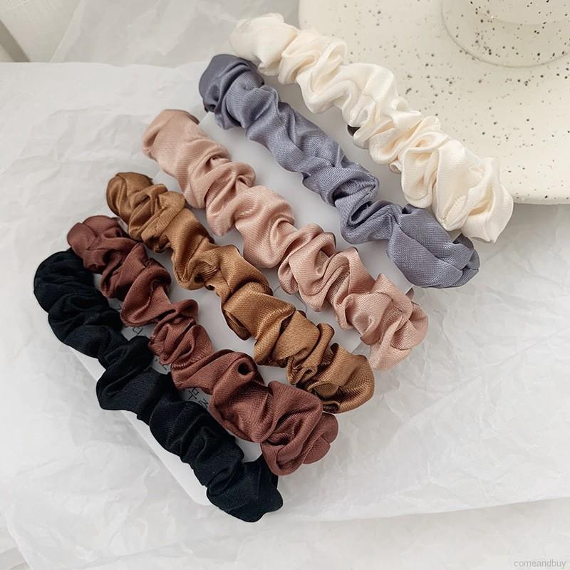 ยางรัดผม-ผ้าซาติน-แบบยืดหยุ่น-สีพื้น-สำหรับผู้หญิง-6-ชิ้น