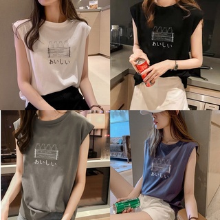 เสื้อแขนกุดผู้หญิง ผ้าCotton 100% พิมพ์ลายมินิมอล เสื้อยืดแฟชั่น เสื้อกล้าม สไตล์เกาหลี Oversize ทรงสวย สวมใส่สบาย