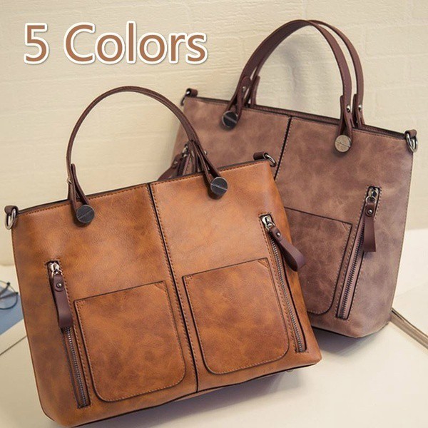 ภาพหน้าปกสินค้าWomen Hand bags Retro PU Oil Leather Double Pockets Large Capacity Shoulder Bags Casual Bags