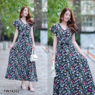 TW14202 เดรสยาว คอวี ดีเทลแขนระบาย จับจีบใต้อก มีโบว์ผูกเอวปรับระดับได้ ซิปซ่อนด้านหลัง ผ้าไหมญี่ปุ่นลายดอกไม้ มีซัปใน