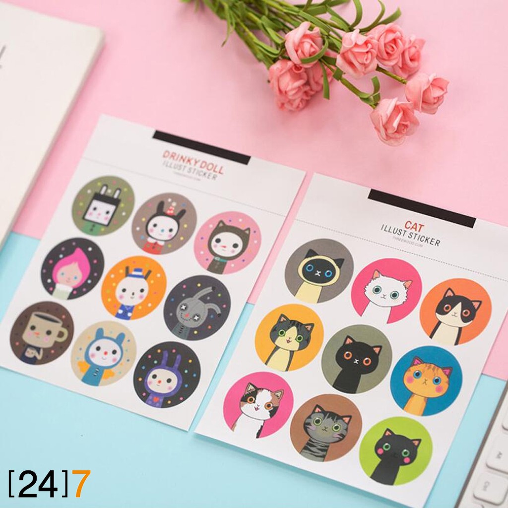 24-7-สติ๊กเกอร์กลม-รูปหน้าแมว-สติ้กเกอร์กันน้ำ-ลอกออกยาก-cat-illust-sticke