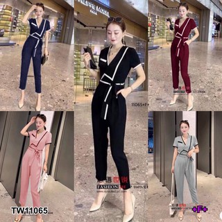 PE11065 Jumpsuit จั้มสูทแขนสั้น คอวีแต่งปก กุ๊นขอบแน ปกจั้ม ขากางเกงทรงกระบอก