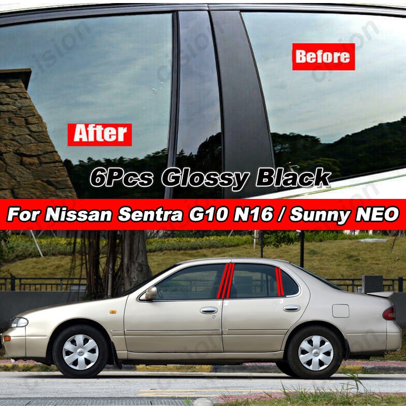 สติกเกอร์ติดเสาประตู-หน้าต่างรถยนต์-สีดํามันวาว-สําหรับ-nissan-sentra-g10-n16-bluebird-sylphy-2000-2005-6-ชิ้น