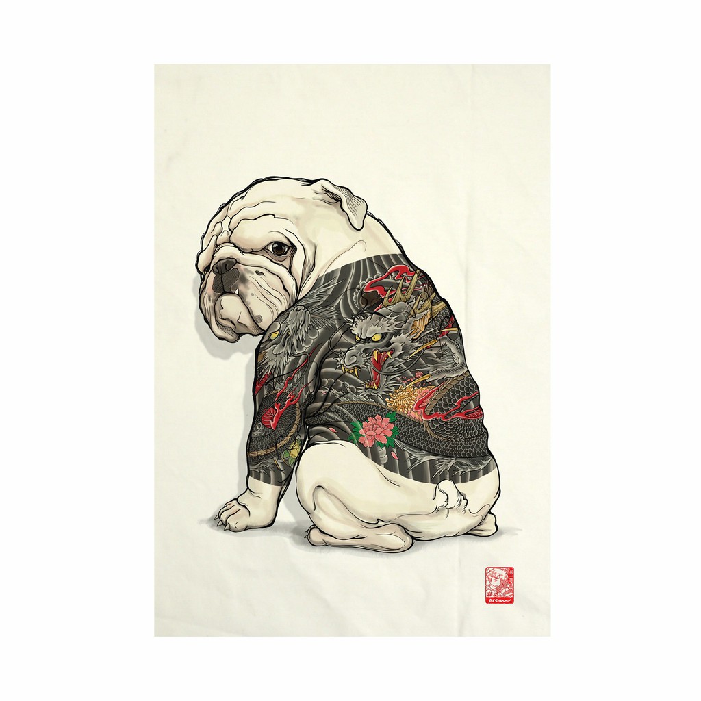 bulldog-tattoocanvas-fabric-no-frame-ผ้าแคนวาส-พิมพ์ลาย-หมาสัก-บลูด๊อก-มังกร-ไม่มีกรอบขนาด-34-5x48-5-ซม