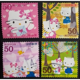 J122-1 แสตมป์ญี่ปุ่นใช้แล้ว ชุด Greetings - Hello Kitty &amp; Dear Daniel ปี 2009 ใช้แล้ว สภาพดี จำนวน 4 ดวง 50 yen