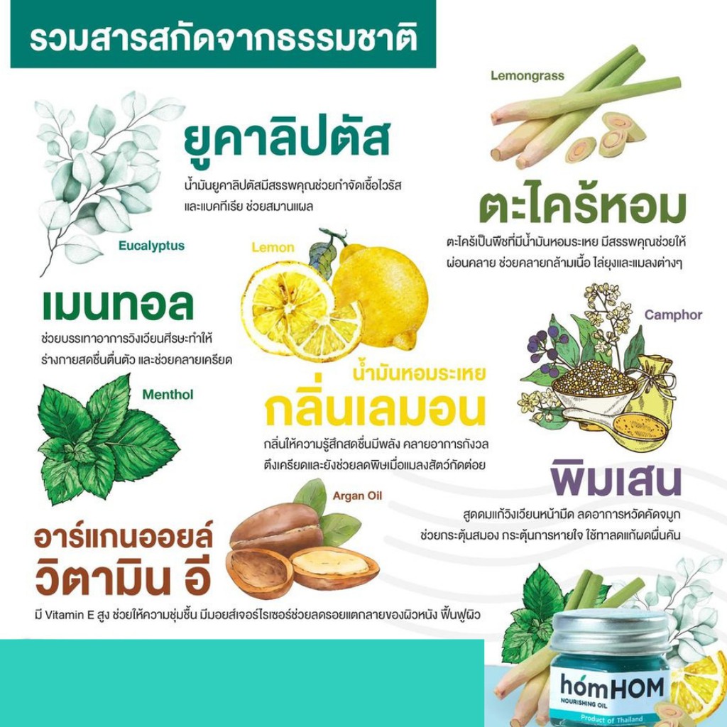 ภาพสินค้าhomHOM Nourishing Oil (สกัดจากตะไคร้/ยูคาลิปตัส/เลมอน) - 1 ขวด ไล่ยุงและแมลง กำจัดเชื้อแบคทีเรีย มีวิตามินอีฟื้นฟูผิว จากร้าน mamatafamily บน Shopee ภาพที่ 1