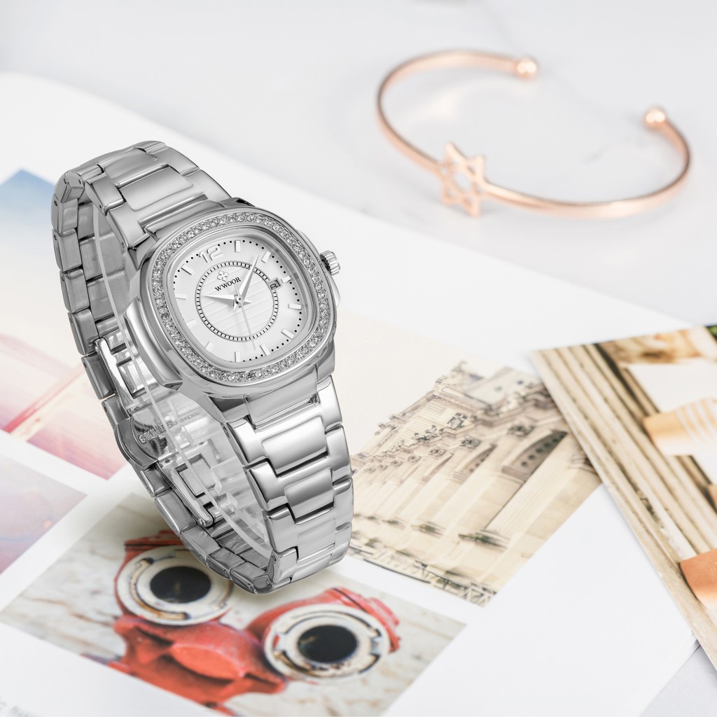 ภาพสินค้าWWOOR นาฬิกาข้อมือผู้หญิงแท้นาฬิกากันน้ำหรูสีชมพูนาฬิกาสายสแตนเลสสีโรสโกลด์ 8874 จากร้าน wwoor.th บน Shopee ภาพที่ 5