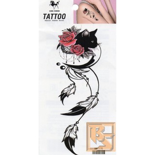 Tattoo Fashion​ ลาย แมว​ Cat​ กุหลาบ​ Rose​ ขนนก​ Feather แท็ททู สติกเกอร์ HM1170