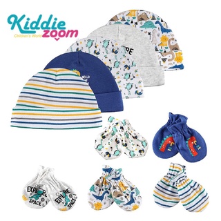 Kiddiezoom 5 ชิ้น/ชุด ลายไดโนเสาร์ หมวก+ ถุงมือ ผ้าฝ้ายแท้ 0-6M ทารกแรกเกิด เด็กผู้ชาย สาว ใบหน้าป้องกันรอยขีดข่วน เกา แม่และลูก สีทึบ แฟชั่น อุปกรณ์ป้องกัน