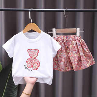 เสื้อยืดลายดอกไม้ + กางเกงขาสั้นแฟชั่นฤดูร้อนสําหรับเด็ก