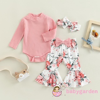 Babygarden-0-18months ชุดรอมเปอร์แขนยาว คอเต่า พิมพ์ลายดอกไม้ และกางเกงขาบาน ที่คาดผม สําหรับเด็ก