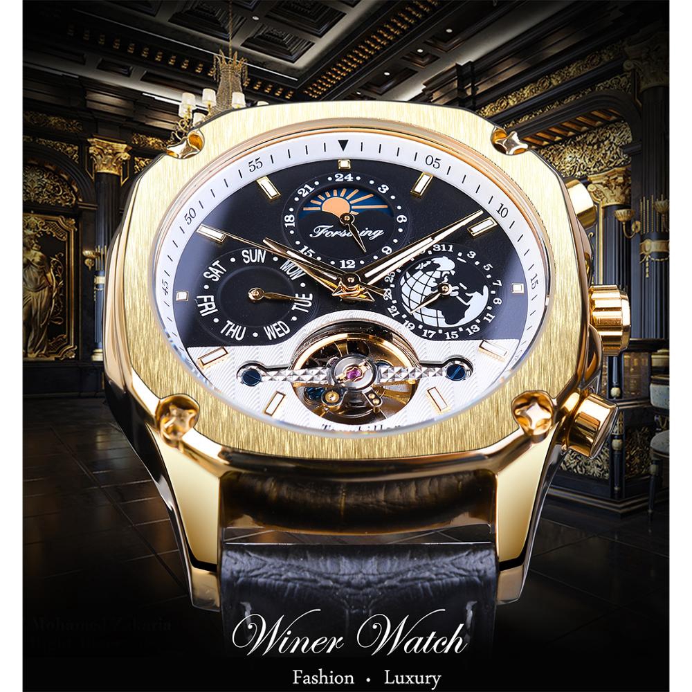 นาฬิกาข้อมือสายหนังสีทองสำหรับผู้ชาย