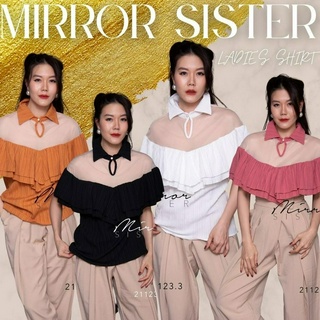 🔖ป้าย Mirrorsister 21123.3 เสื้อคอปกต่อซีทรูสีเนื้อ แต่งระบายเก๋ๆ เว้าVshape สวยทั้งด้านหน้าและด้านหลังเนื้อผ้ามีtexture