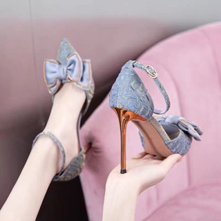 🌈พร้อมส่ง🌈Bowkรองเท้าส้นสูงผู้หญิง stiletto ส้นสูงหวาน 2021 ใหม่สีนู้ดชี้ปากตื้นรองเท้าเดียวฤดูใบไม้ร่วงอ่อนโยนรองโย