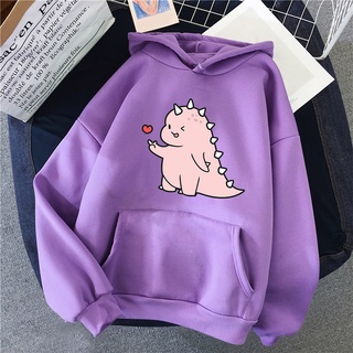 เสื้อกันหนาว เสื้อฮู้ดดี้ แบบสวมหัว พิมพ์ลายการ์ตูนไดโนเสาร์ ขนาดใหญ่ สําหรับผู้หญิง