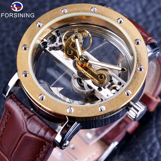 Forsining 2017 Legend Transparent Genuine Brown Leather Belt Fashion Casual Design Men Skeleton Automatic Watch Top Bran