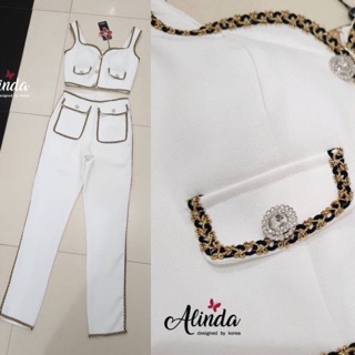 Set เสื้อครอปกุ๊นขอบ ซิปหลัง มีซับใน ป้าย ❥ALINDA