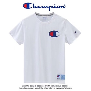 ผู้ชายเย็บปักถักร้อย Champion เสื้อยืดสีขาวตัวอักษร C ผ้าฝ้าย 100% Unisex แขนสั้นเสื้อยืดสีดำS-5XL