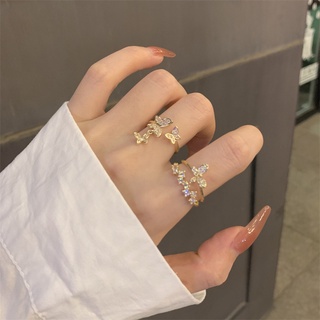 แหวนแฟชั่น สองชั้น รูปผีเสื้อ ประดับอัญมณี หรูหรา ปรับได้ สไตล์เกาหลี สําหรับผู้หญิง