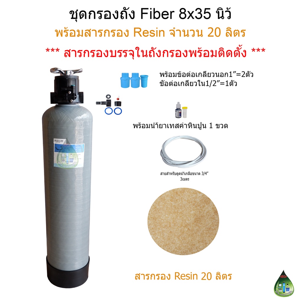 ชุดกรองหินปูนในน้ำถัง-fiber-8x35-นิ้ว-พร้อมสารกรอง-resin-20-ลิตร