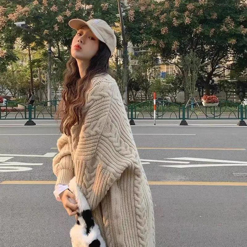 เสื้อกันหนาวผู้หญิงฤดูใบไม้ร่วงด้านนอกสวมใส่หลวมญี่ปุ่นกลางยาวเสื้อสเวตเตอร์ถัก